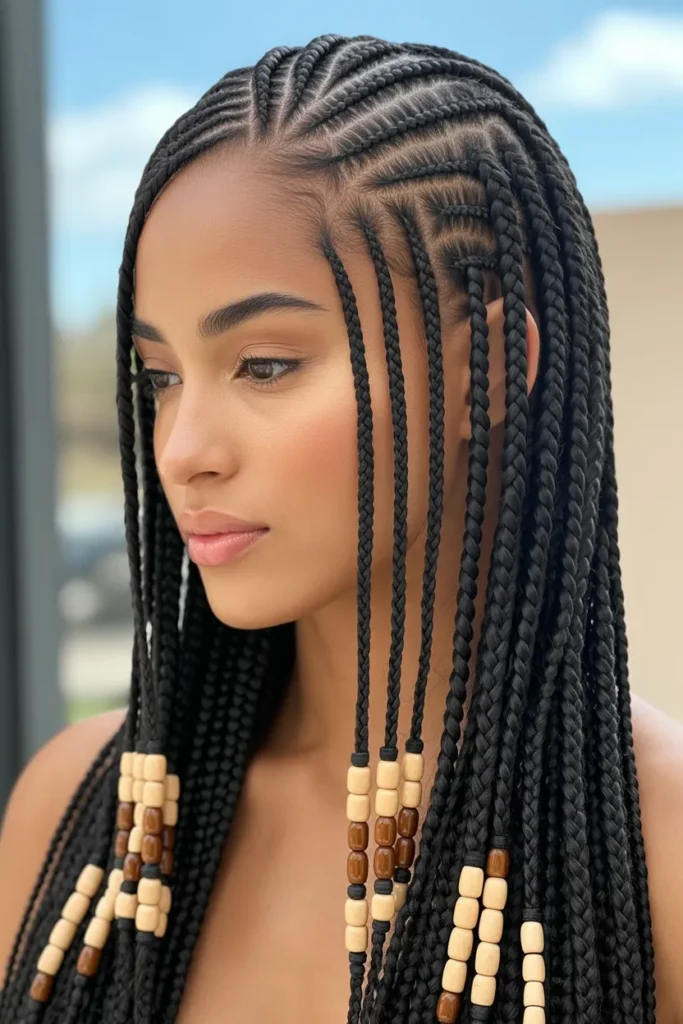 Box-Part Fulani Braids with Curved Rows and Beaded Ends