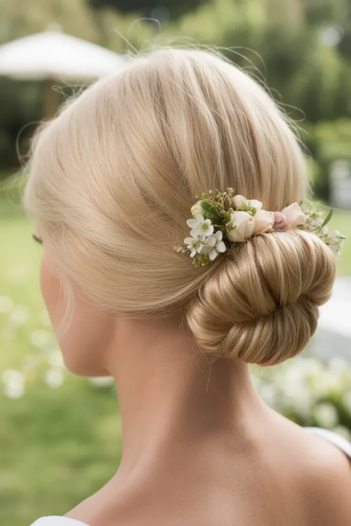 Classic Low Chignon with Fresh Floral Accents
