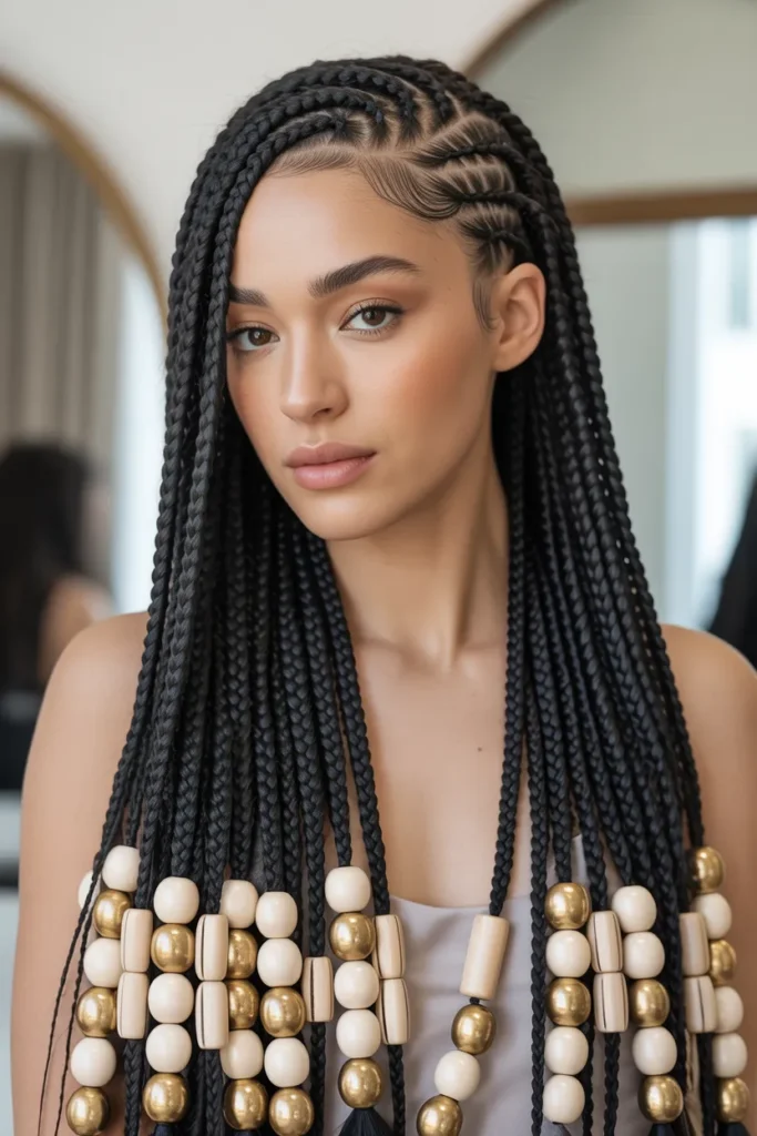 Elegant Side-Part Fulani Braids with Chunky Beads