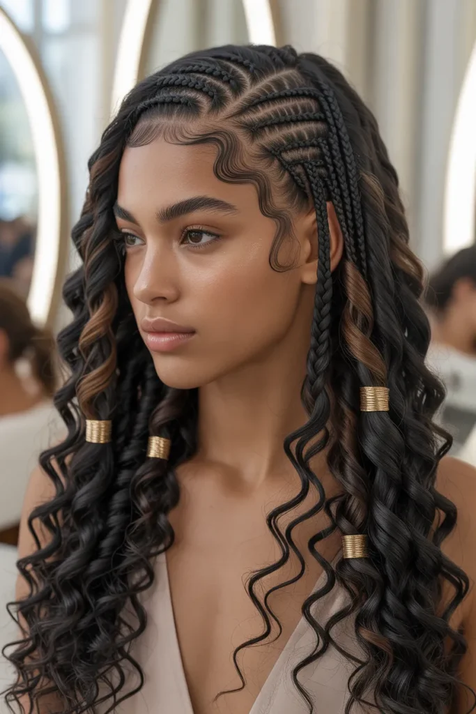 Fulani Braids with Deep Side Part and Long Curls