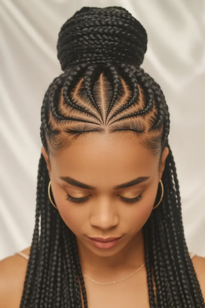 Fulani Braids with High Bun and Heart-Inspired Parting