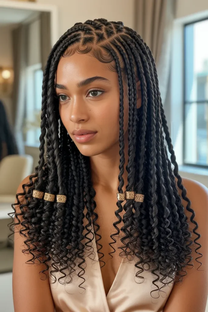 Fulani Braids with Spiral Cornrows and Shoulder-Length Curls
