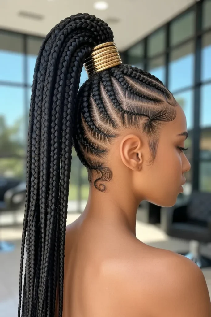 Fulani Braids with Spiral Patterns and High Ponytail
