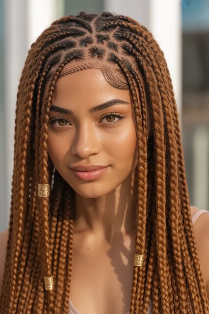 Honey Brown Fulani Braids with a Starburst Pattern