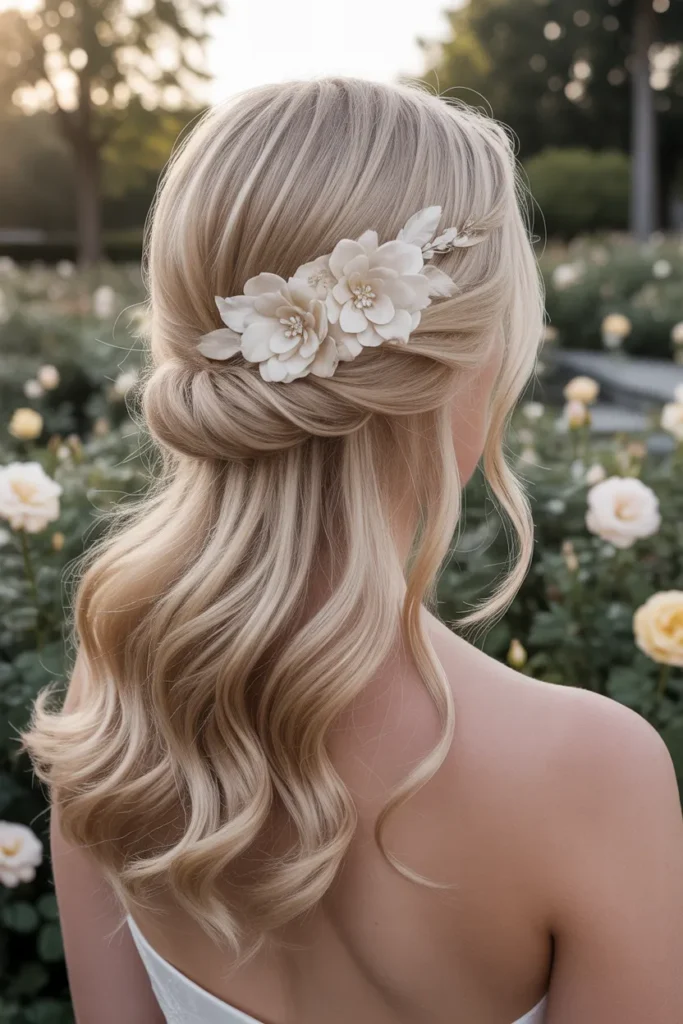 Romantic Half Up Half Down with Floral Hairpiece