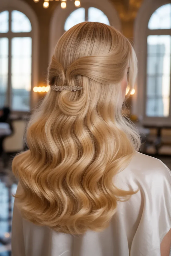 Romantic Half Up Half Down with Flowing Hollywood Waves