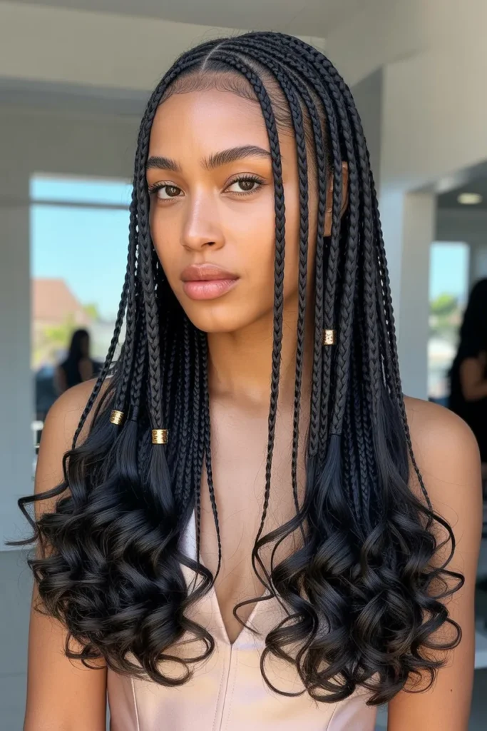 Sleek Fulani Braids with Defined Edges and Loose Curls