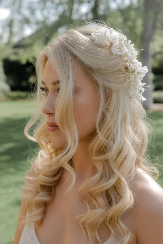  Soft Curls with Floral Half-Up Detail