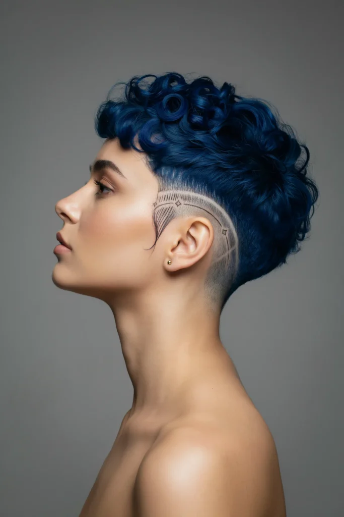  Vivid Blue TWA with Fade and Razor Design