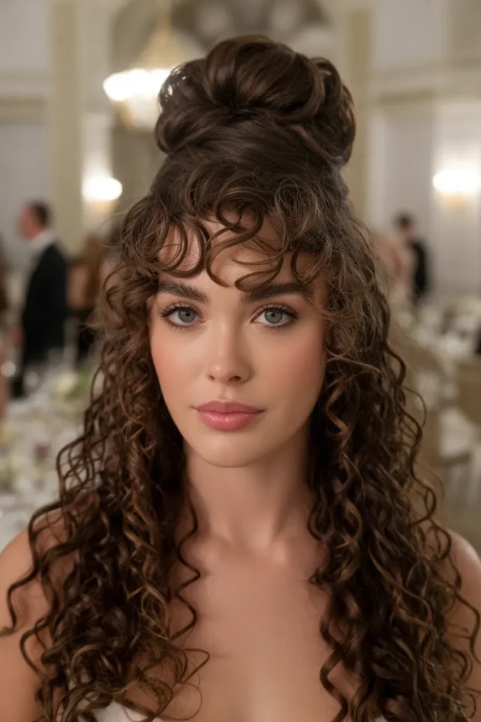 Voluminous Curled High Bun with Soft Fringe