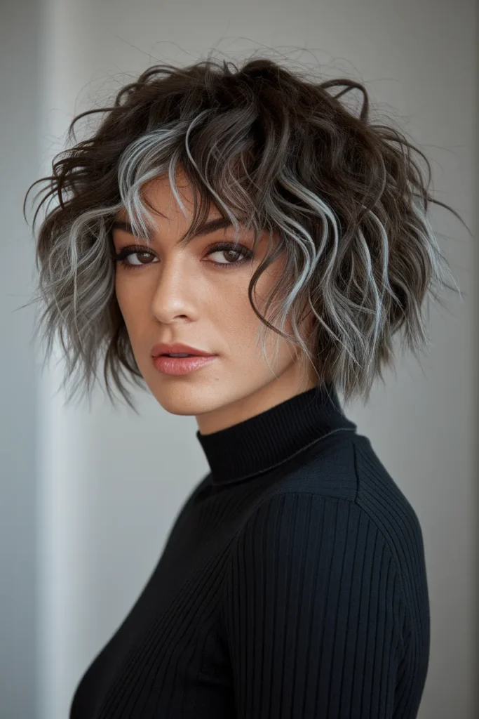 Brown Curly Bob with Silver Edge Highlights