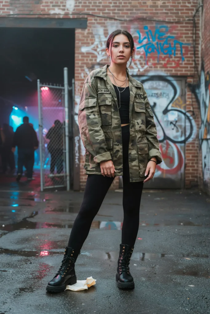 Camouflage Cargo Jacket and Black Leggings