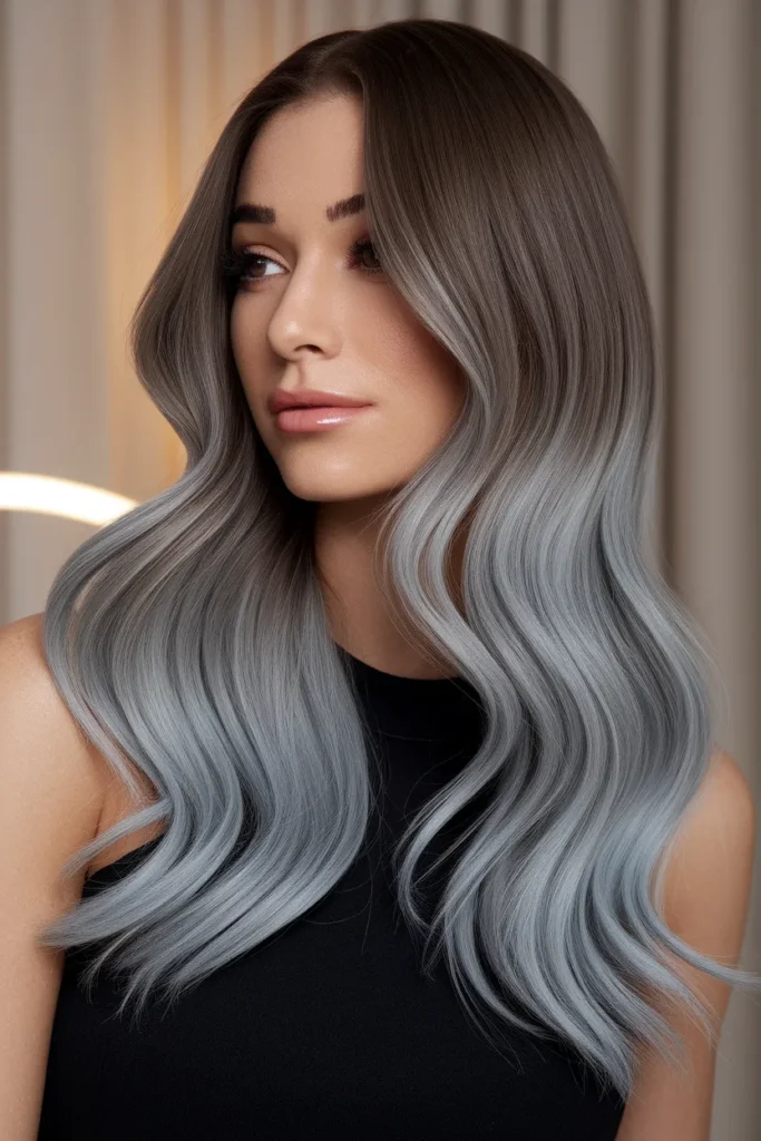 Chocolate Brown Hair with Seamless Silver Balayage