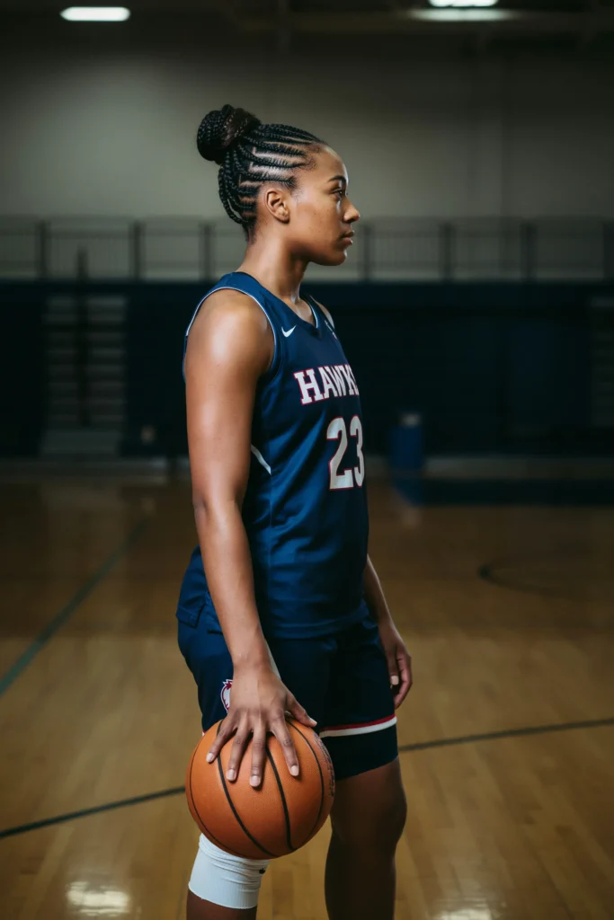  Cornrows with High Bun Basketball Hairstyle for Girls