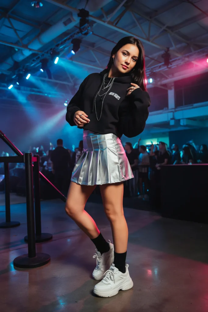 Cropped Hoodie and Metallic Skirt