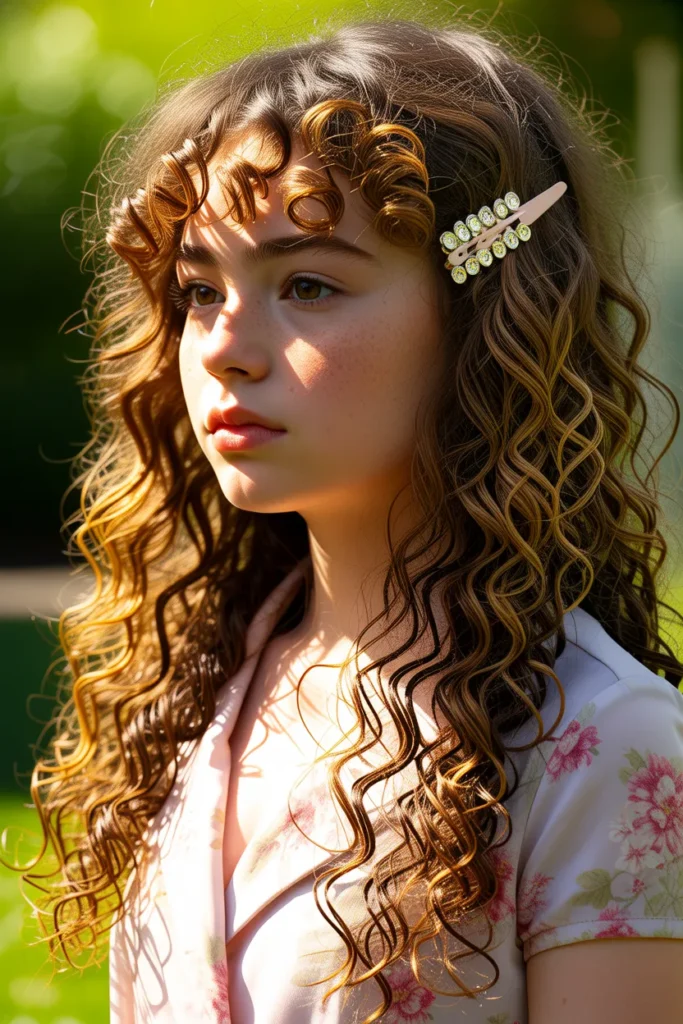 Curly Long Haircut with Curly Curtain Bangs