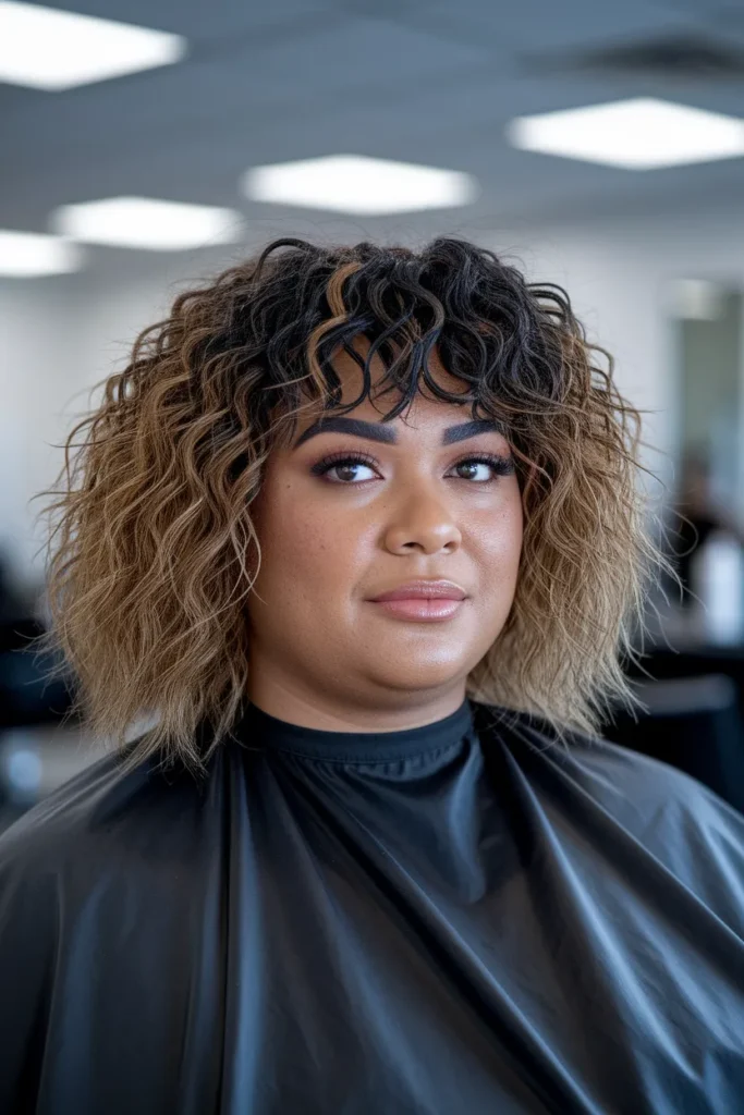 Curly Shoulder-Length Cut with Short Bangs
