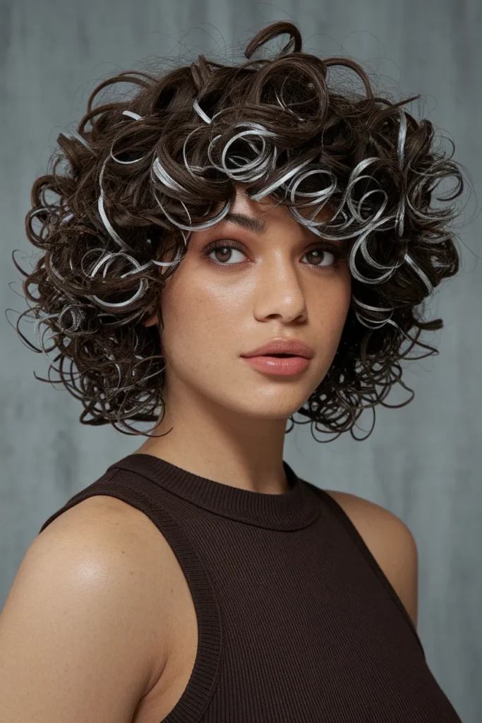 Dark Brown Curls with Silver Accent Streaks