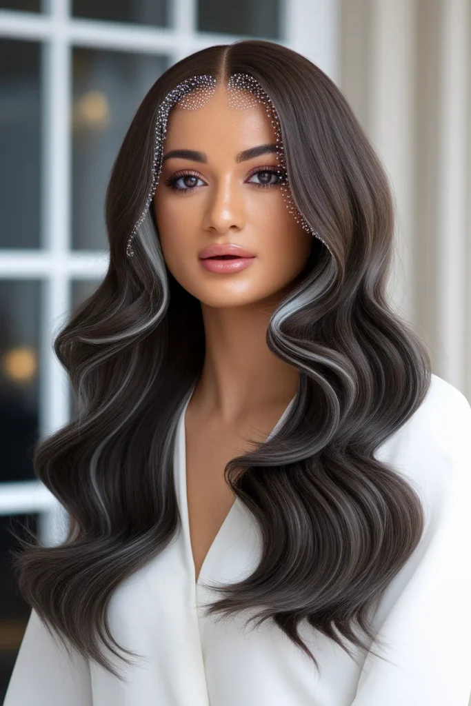 Deep Brown Hair with Silver Halo Highlights