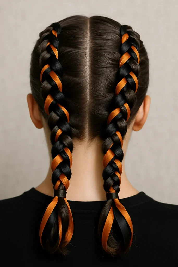 Dutch Braids with Halloween Ribbon Hairstyle