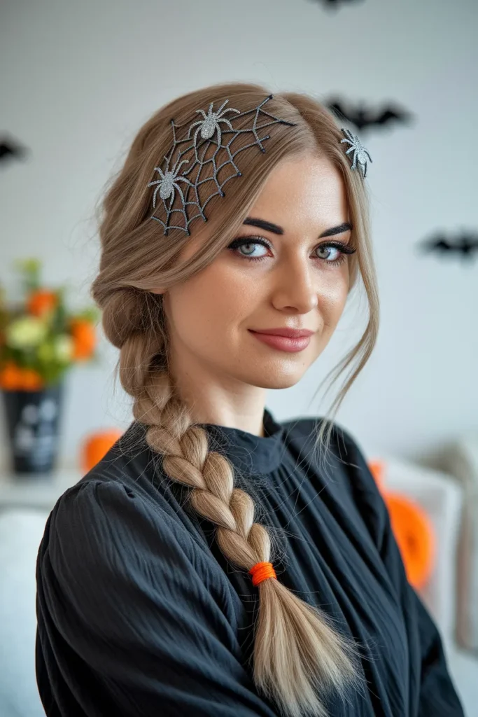 Elastic Spiderweb Side Ponytail Halloween Hairstyle for Kids
