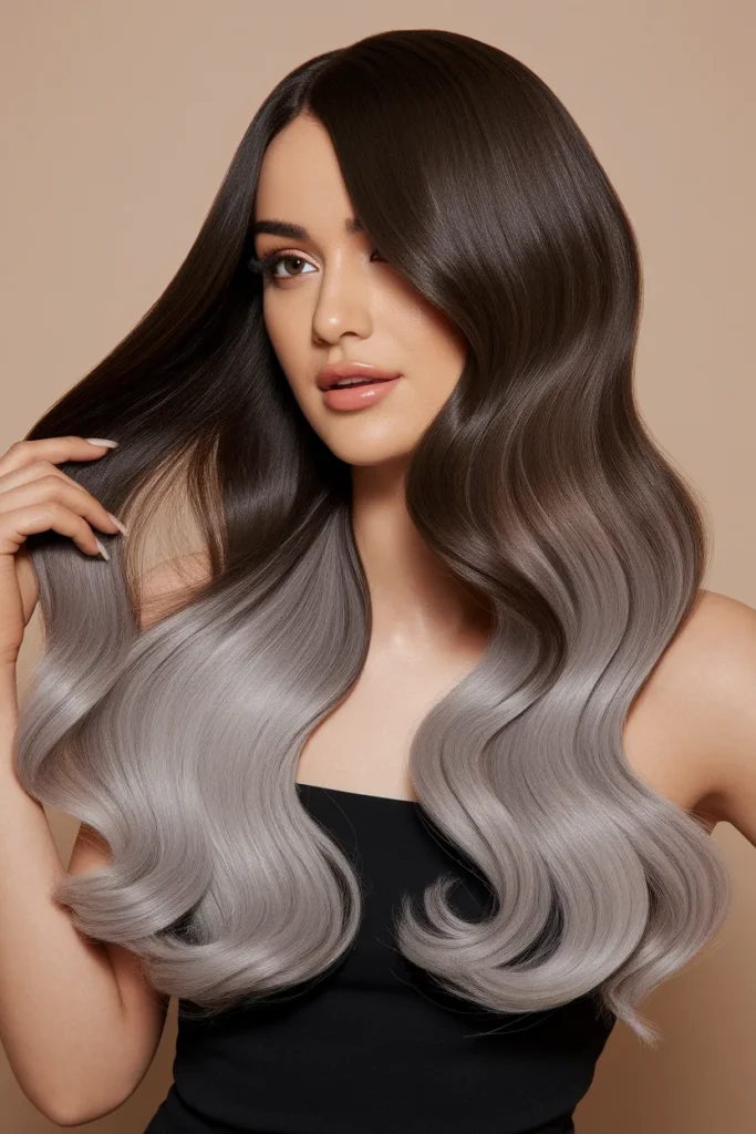 Espresso Brown Hair with Soft Silver Ombre