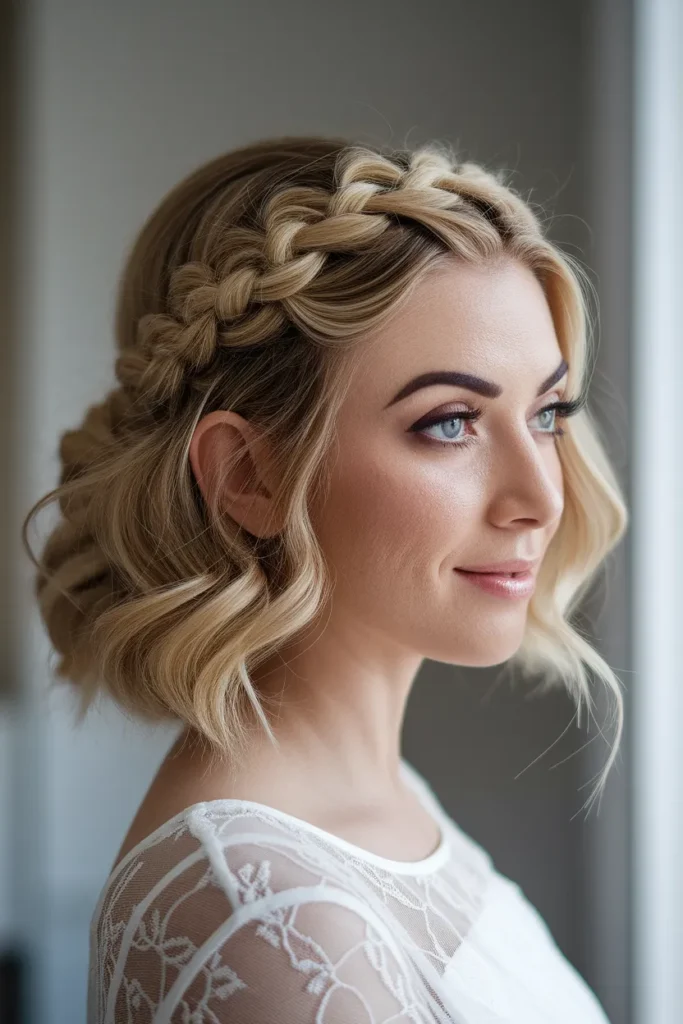 Half-Up Braided Crown with Curled Bob