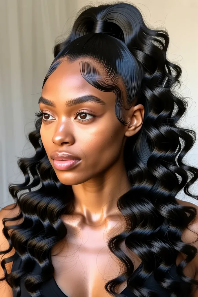 High Pony Half Up Half Down with Bouncy Curls