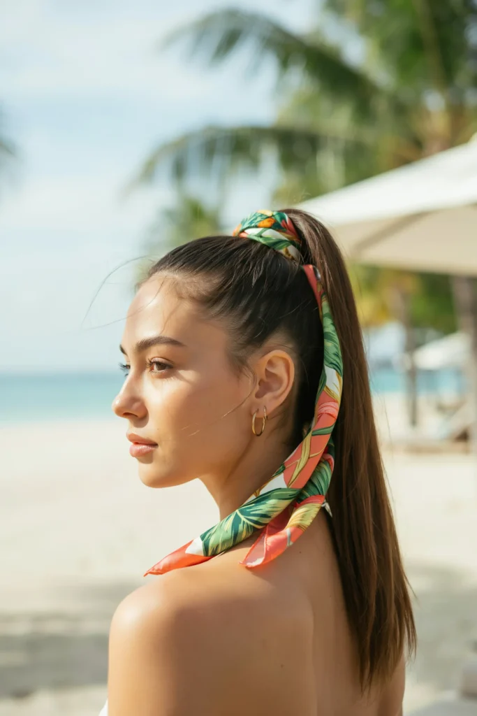  High Ponytail with Tropical Scarf Wrap