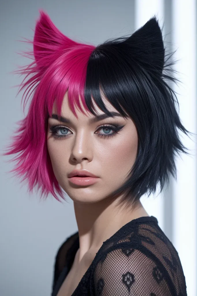 Hot Pink and Black Split Wolf Cut