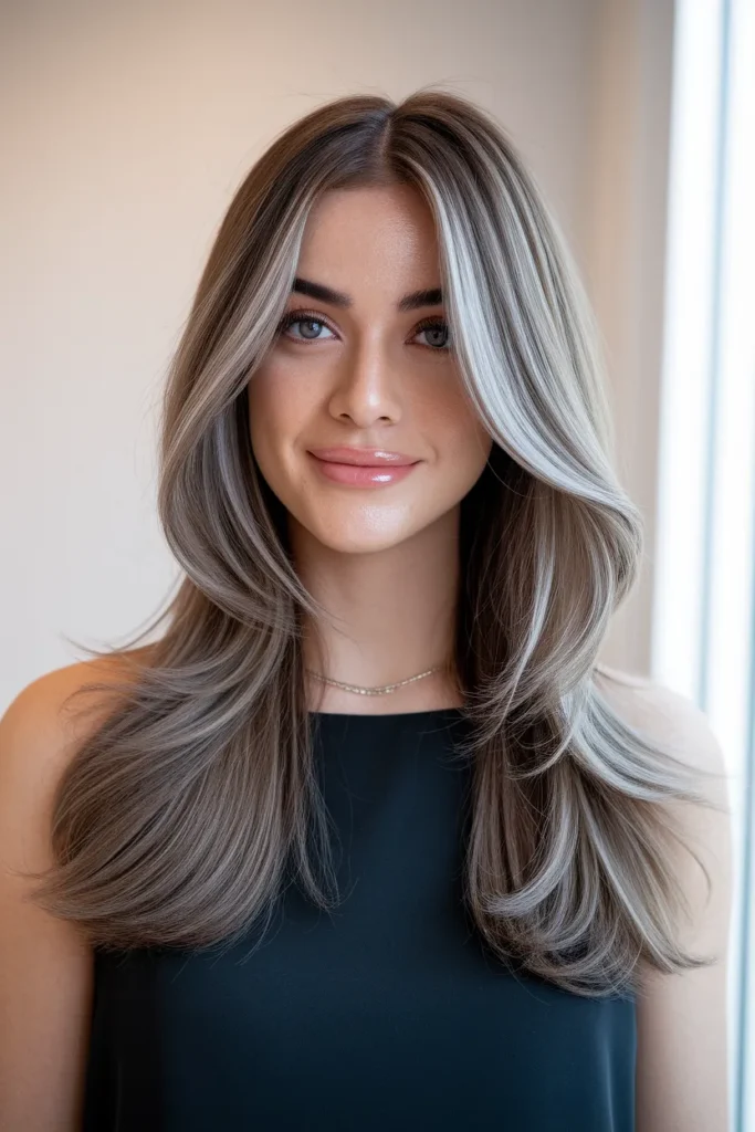 Light Brown Hair with Silver Money Piece Highlights