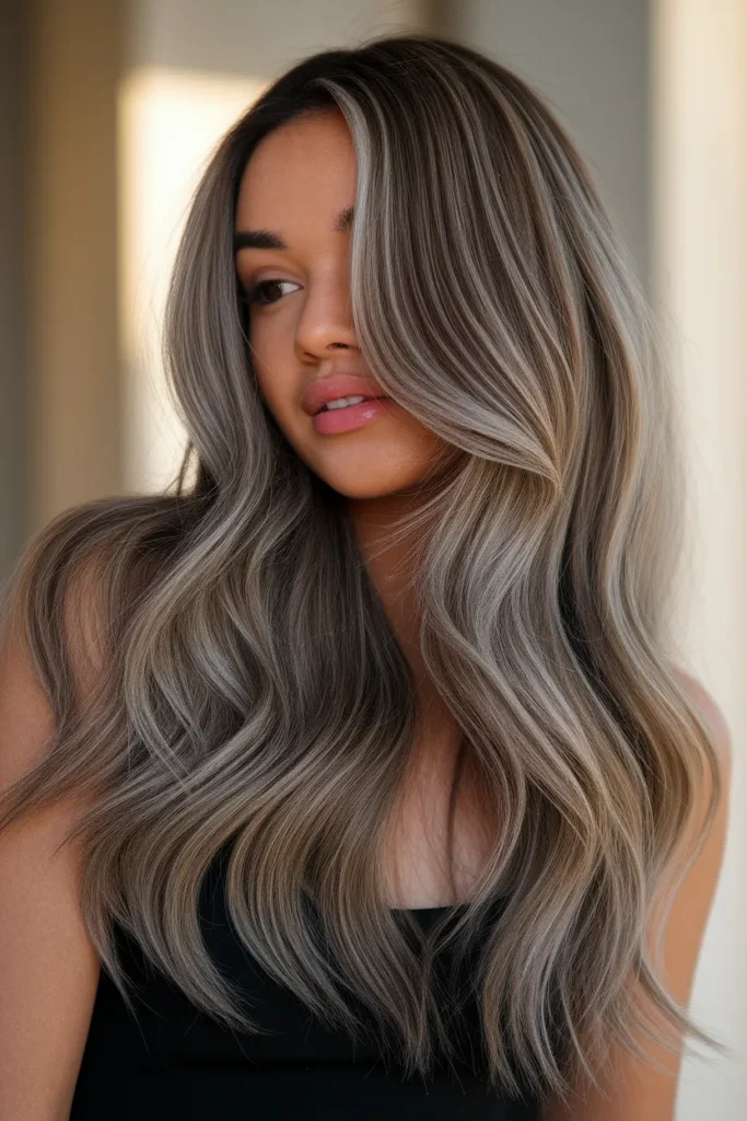 . Long Brown Layers with Silver Peekaboo Highlights