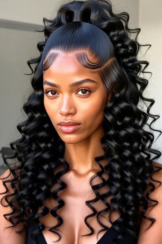  Long Curly Half Up Half Down with Sleek Crown