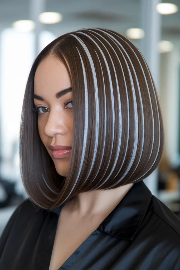 Medium Brown Lob with Thin Silver Ribbons