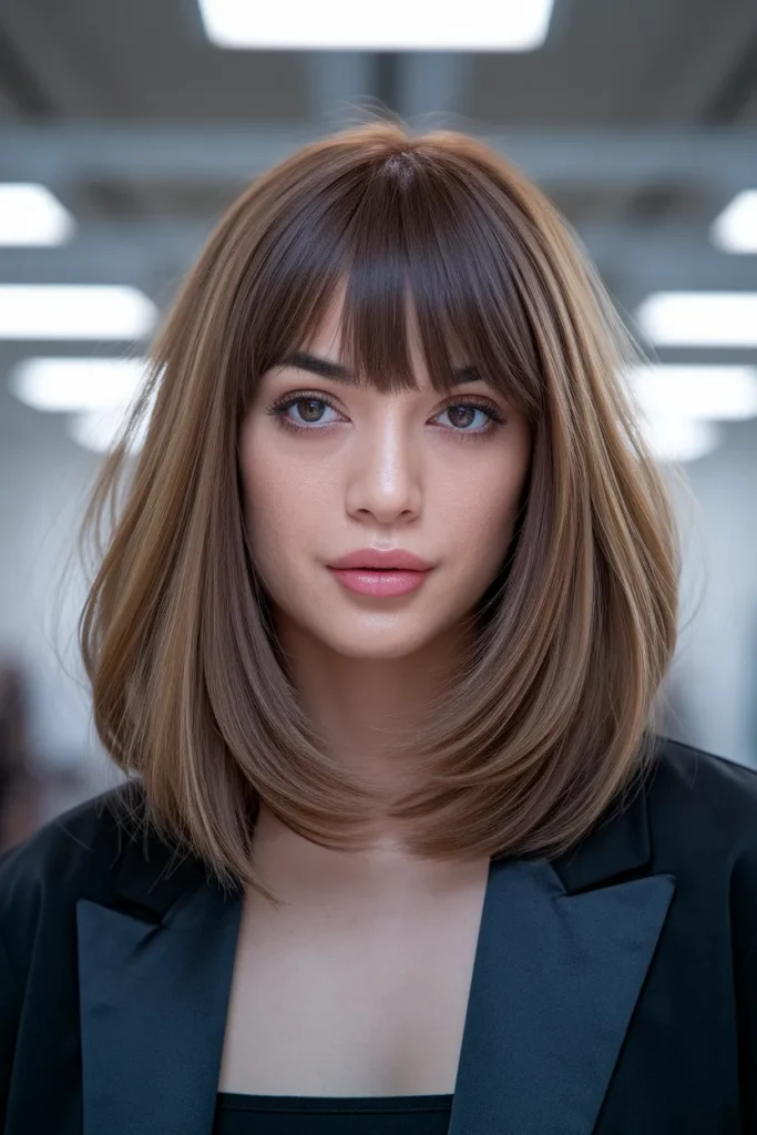 Mid-Length Layers with Straight Bangs