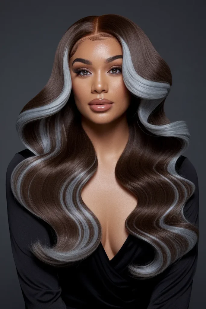 Mocha Brown Hair with Bold Silver Streaks