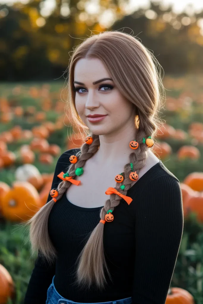 Pumpkin Charm Braided Ponytail Halloween Hairstyle for Kids