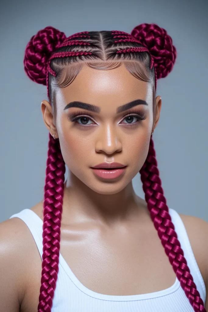  Red Stitch Braids into Low Buns