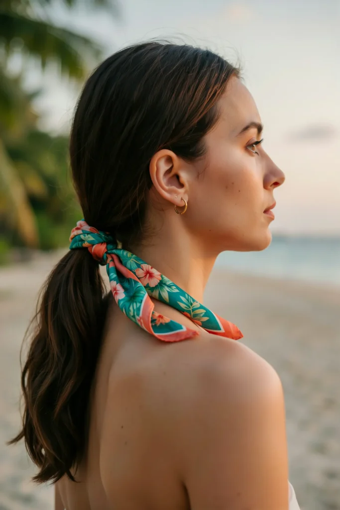 Side-Swept Ponytail with Tropical Scarf