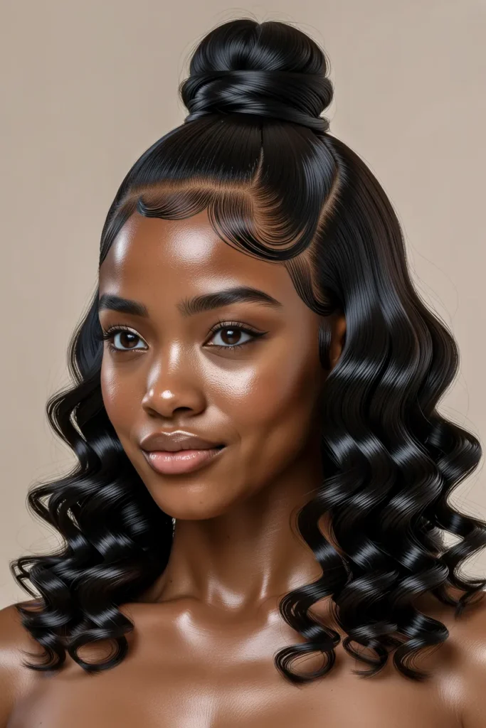 Sleek Half Up Half Down Bun with Defined Curls