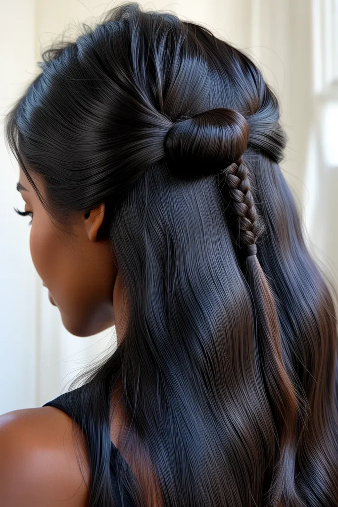  Sleek Half Up Half Down with Knot and Braided Accent