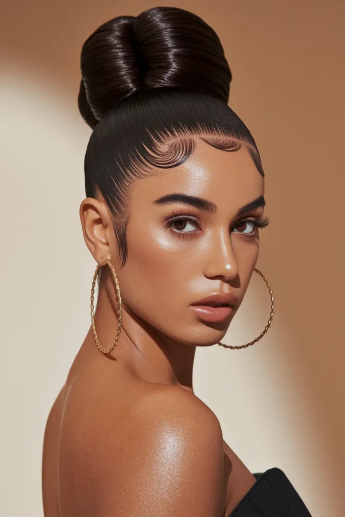 Sleek High Bun with Hoop Earrings