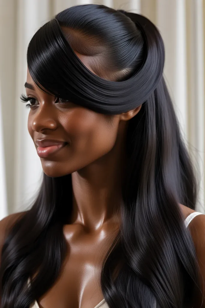  Sleek Long Half Up Half Down with Side Bang