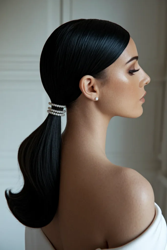 Sleek Low Ponytail with Pearl Clips