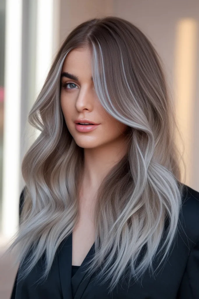 Soft Brown Waves with Silver Face-Framing Highlights