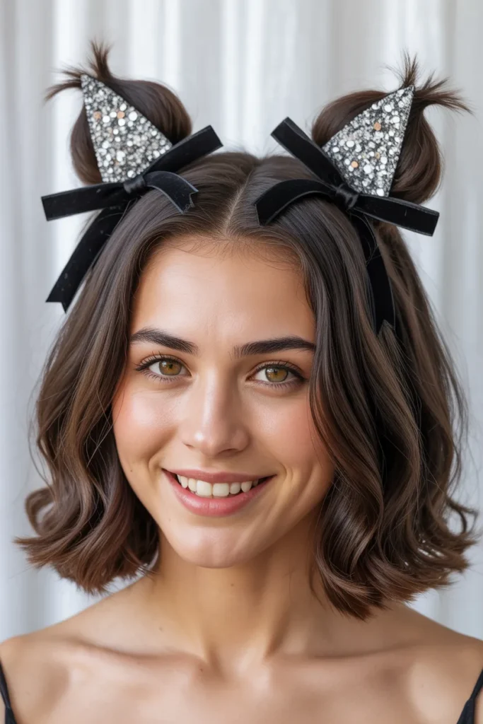 Sparkly Cat Ears Halloween Hairstyle for Kids