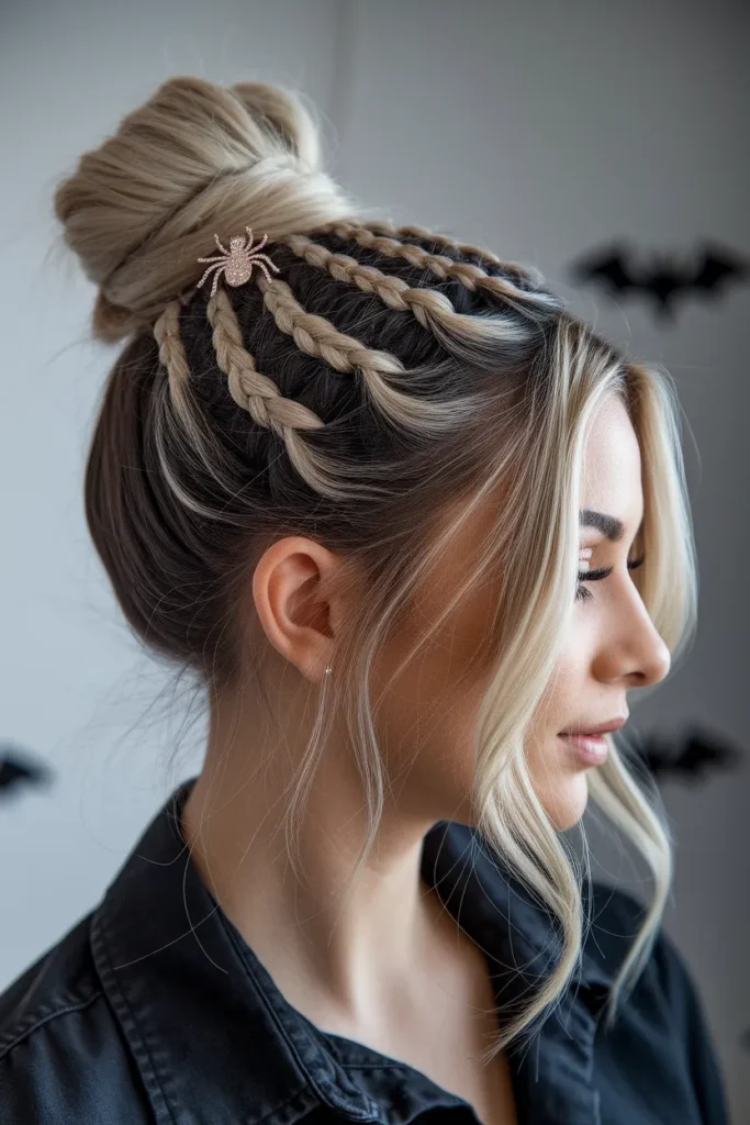 Spider Bun with Braided Web Halloween Hairstyle for Kids