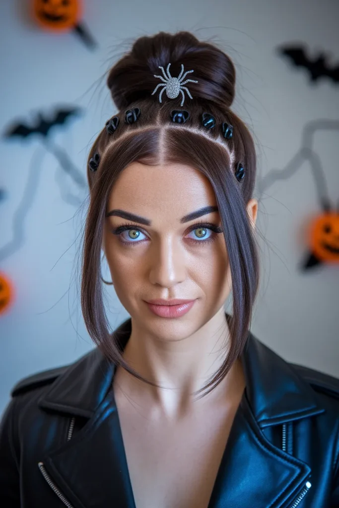 Spider Web Bun Halloween Hairstyle for Kids