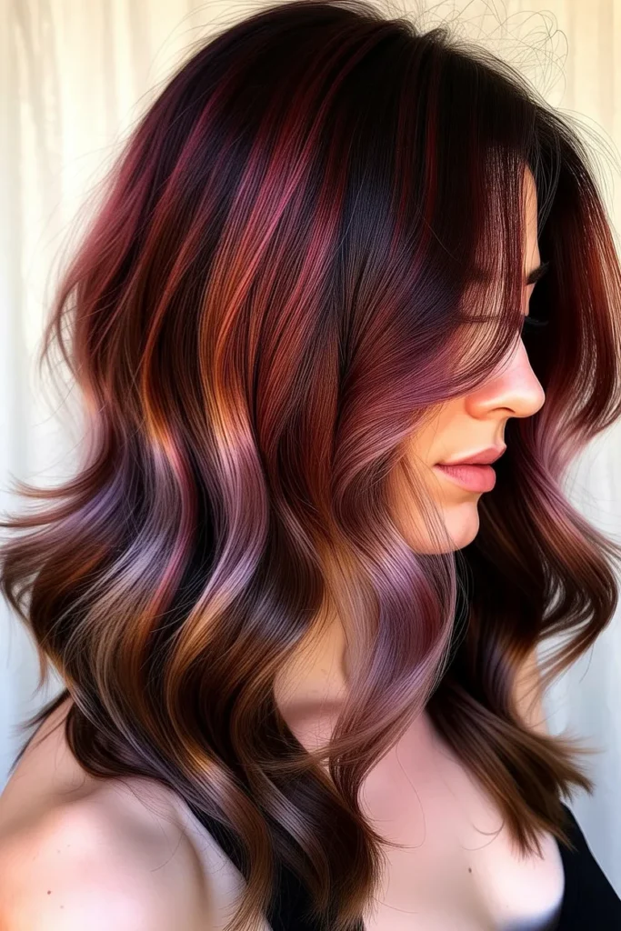 Velvet Burgundy Balayage On Medium Length Hair