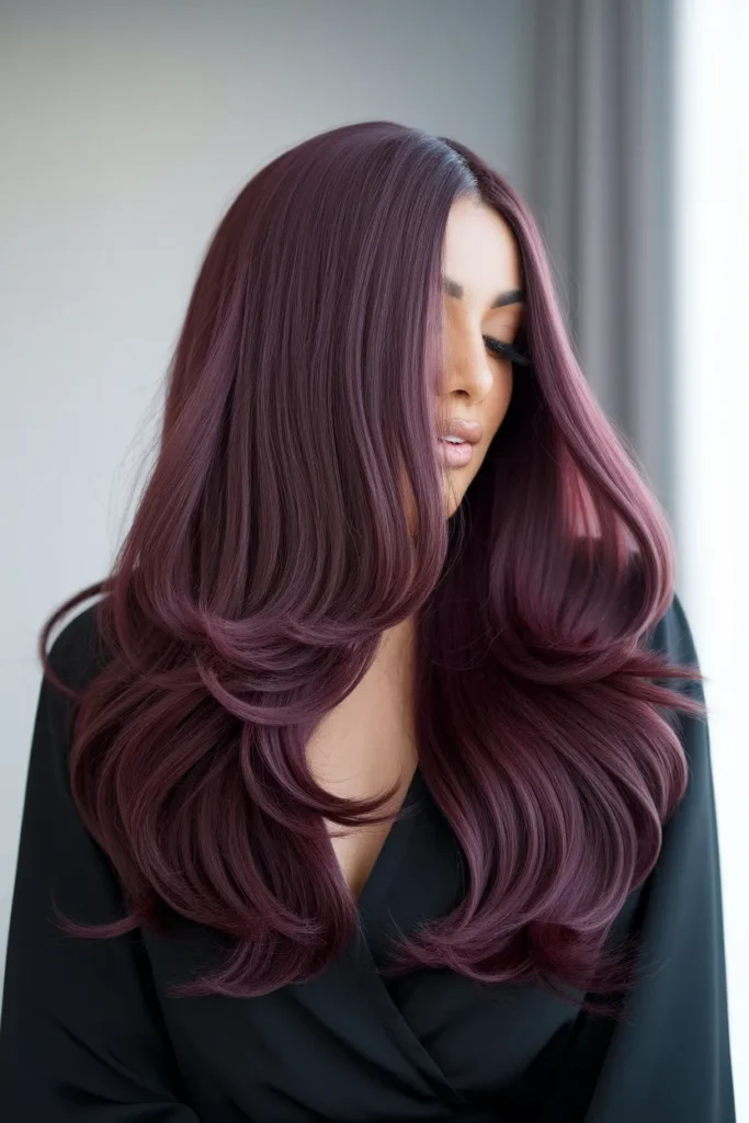 Velvet Burgundy Hair Color On Long Layered Hair